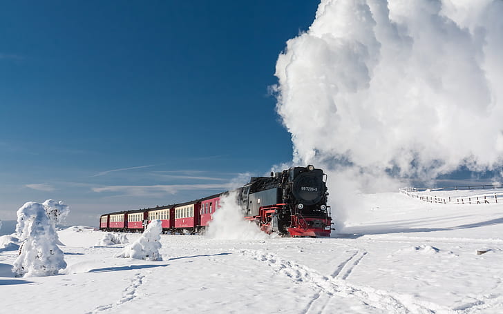 locomotive à vapeur, train, véhicule, neige, Fond d'écran HD