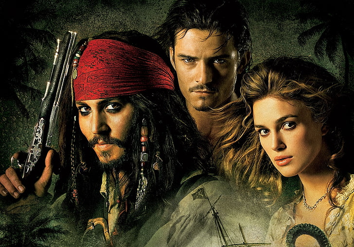 Papel de parede de piratas do Caribe, Johnny Depp, Keira Knightley, Jack Sparrow, piratas do Caribe, Elizabeth Swann, capitão, Orlando Bloom, os piratas do Caribe, corsários, a maldição da pérola negra, Will Turner, HD papel de parede