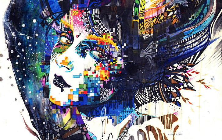 kolorowe, Minjae Lee, twarz, kobiety, mozaika, grafika, sztuka cyfrowa, abstrakcja, surrealistyczne, malarstwo, Tapety HD