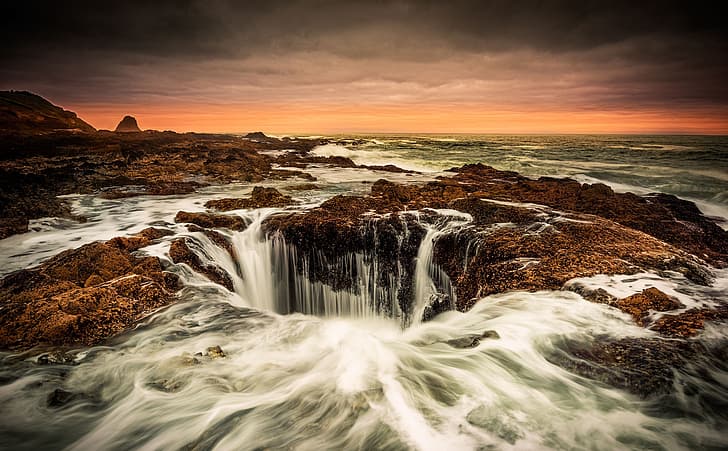 Pacific Ocean, Oregon Coast, Thor's Well, blow hole, HD wallpaper