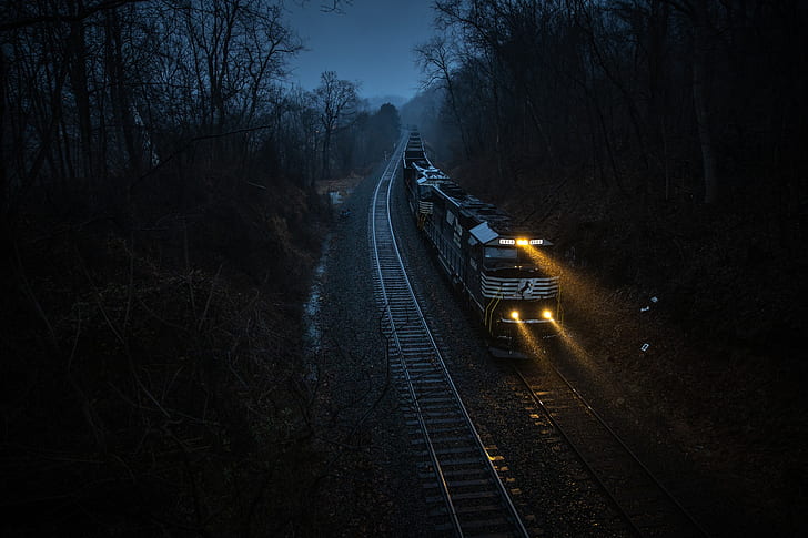 noite, trem, ferrovia, HD papel de parede