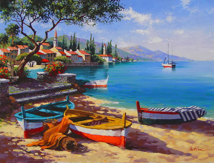 canoas de cores sortidas pintura, mar, o céu, paisagem, montanhas, a cidade, navio, imagens, baía, barcos, Anatoly Metlan, HD papel de parede