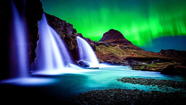 green sky, aurora, aurora borealis, northern lights, sky, waterfall, water, night sky, HD wallpaper