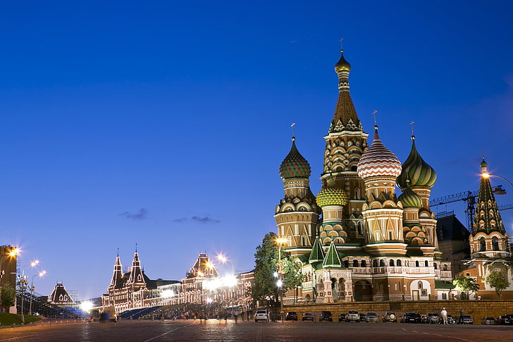 聖ワシリイ大聖堂、ロシア、モスクワ、ロシア、クレムリン、教会、赤の広場、夜、都市、ライト、街灯、聖ワシリイ大聖堂、 HDデスクトップの壁紙