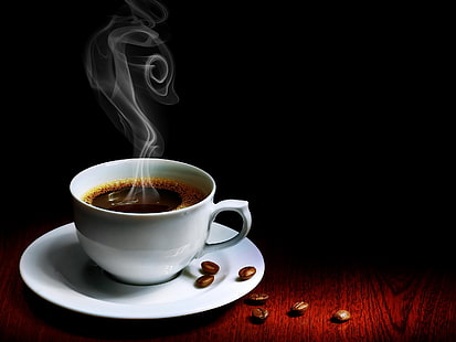 cup of coffee digital wallpaper, cup, coffee, steam, hot, grains, table, HD wallpaper HD wallpaper