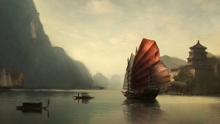 mer, vieux bateau, art fantastique, bateau, Chine, Fond d'écran HD