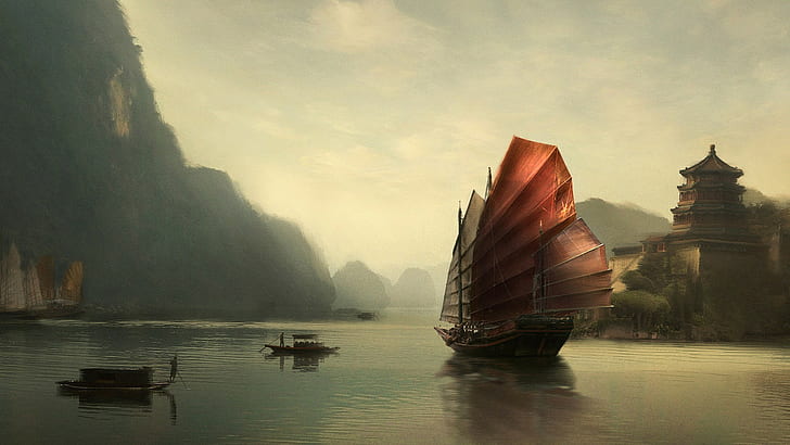barco, mar, viejo barco, China, arte fantasía, Fondo de pantalla HD