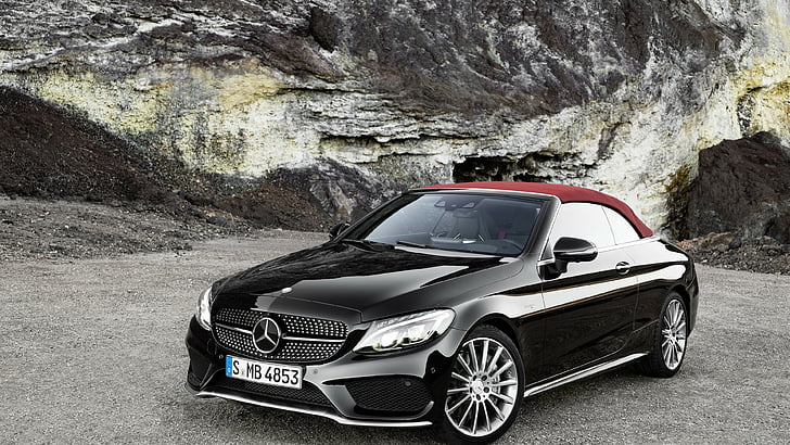 Mercedes-Benz nera e rossa convertibile sopra la superficie grigia, Mercedes-AMG C 43 4MATIC, Coupé, Geneva Auto Show 2016, Cabriolet, nero, Sfondo HD
