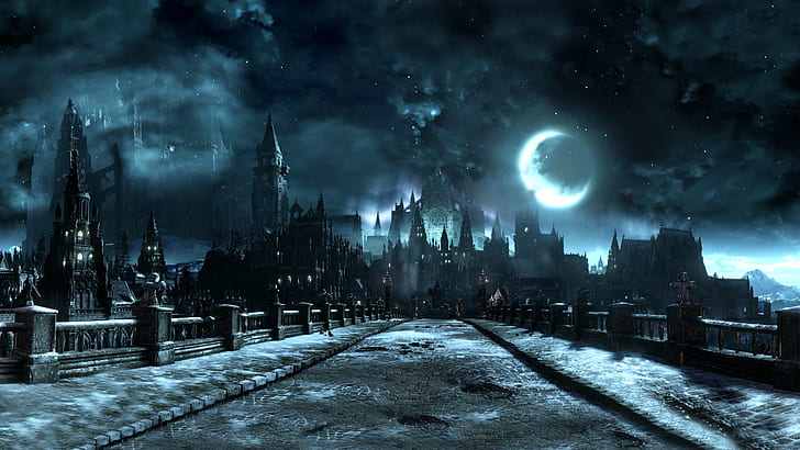 أرواح الظلام الثالث ألعاب الفيديو قلعة الكاتدرائية جسر شاشة القمر قرية لقطة، خلفية HD