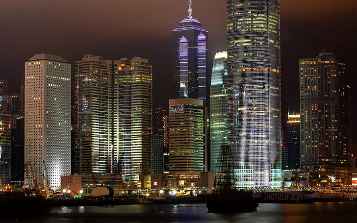 cityscape at night, city, hong kong, night, HD wallpaper