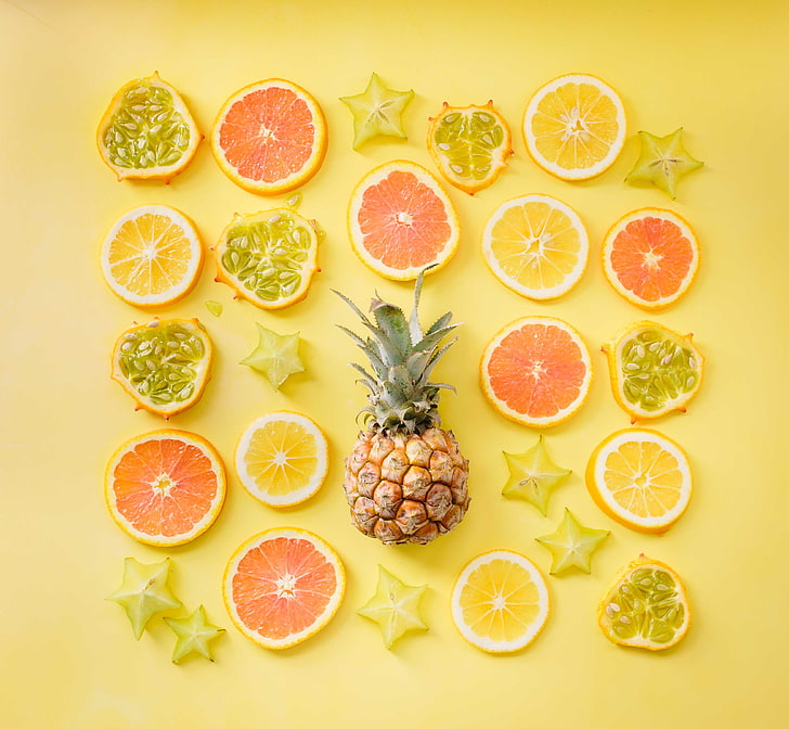 plasterek cytrusów, owoców, cytrusów, ananasa, żółtego, cytryny, pomarańczy, Tapety HD