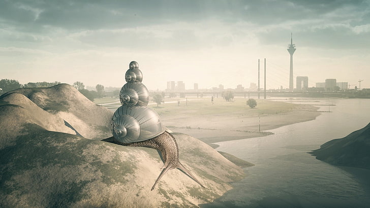 illustration d'escargot gris, art numérique, limace, escargot, paysage urbain, rivière, collines, arbres, bâtiment, CGI, pont, tour, nuages, Fond d'écran HD
