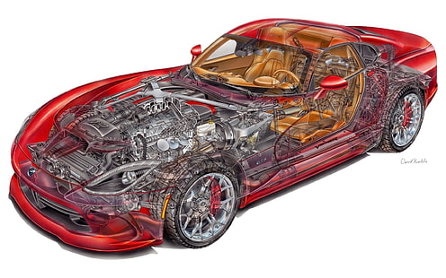 ilustracja czerwonego samochodu, samochód, samochód sportowy, czerwone samochody, szkice, silniki, koła zębate, koła, infografiki, białe tło, wnętrze samochodu, Dodge Viper, przekrój, Tapety HD HD wallpaper