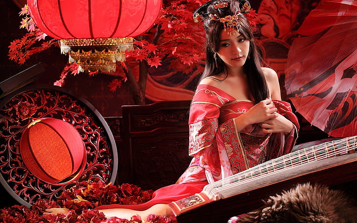 Garota Oriental, instrumento musical, estilo retro, Oriental, Menina, Musical, Instrumento, Retro, Estilo, HD papel de parede
