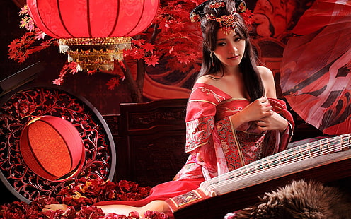 Garota Oriental, instrumento musical, estilo retro, Oriental, Menina, Musical, Instrumento, Retro, Estilo, HD papel de parede HD wallpaper