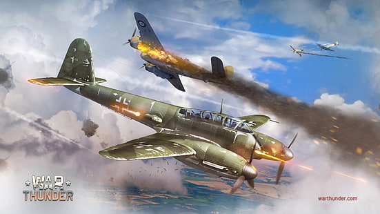 Обои обои самолет-истребитель War Thunder, небо, облака, пламя, война, дым, истребитель, стрельба, бомбардировщик, арт, мессершмитт, британский, Spitfire, немецкий, двухмоторный, Bf.109, Hornisse, Supermarine, тяжелый, War Thunder,Бристоль, торпеда, Хорнет, Me.410, Beaufighter, HD обои HD wallpaper