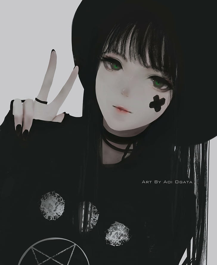 Aoi Ogata, ilustraciones, cabello negro, chan, sombrero, odio, signo de la paz, mujeres, Fondo de pantalla HD, fondo de pantalla de teléfono