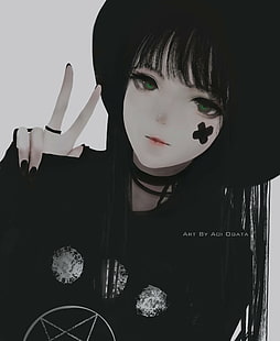 Aoi Ogata, oeuvre d'art, cheveux noirs, chan, chapeau, haine, signe de paix, femmes, Fond d'écran HD HD wallpaper