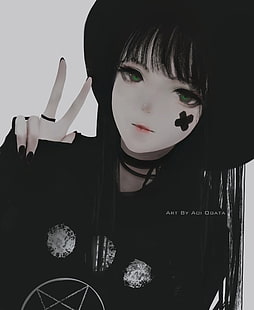 Aoi Ogata, grafika, kobiety, czarne włosy, znak pokoju, kapelusz, hate-chan, Tapety HD HD wallpaper