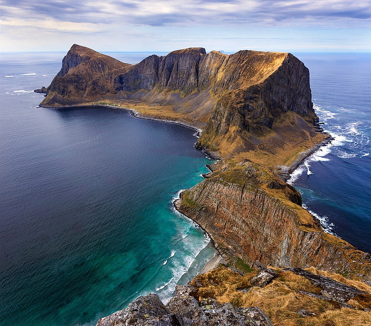 peninsula, island, Norway, sea, beach, cliff, summer, nature, landscape, HD wallpaper