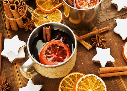 gray and brown mug, winter, wine, oranges, sticks, New Year, cookies, Christmas, Cup, stars, drink, cinnamon, holidays, spices, star anise, Anis, mulled wine, HD wallpaper HD wallpaper