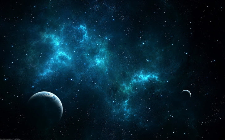 ilustração do céu azul e preto, espaço, estrelas, planeta, arte espacial, arte digital, ciano, azul, HD papel de parede