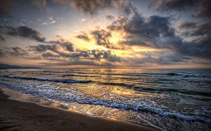 Ombak laut, pantai, pasir, langit, awan, matahari terbenam, laut, gelombang, pantai, pasir, langit, awan, matahari terbenam, Wallpaper HD