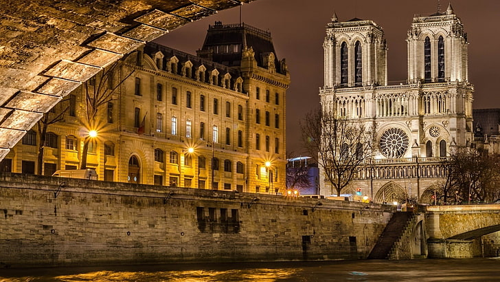 Westminister Abbey, arsitektur, cityscape, kota, bangunan, bangunan tua, jalan, katedral, lampu jalan, Paris, Prancis, Notre-Dame, sungai, jembatan, pohon, lampu, Wallpaper HD
