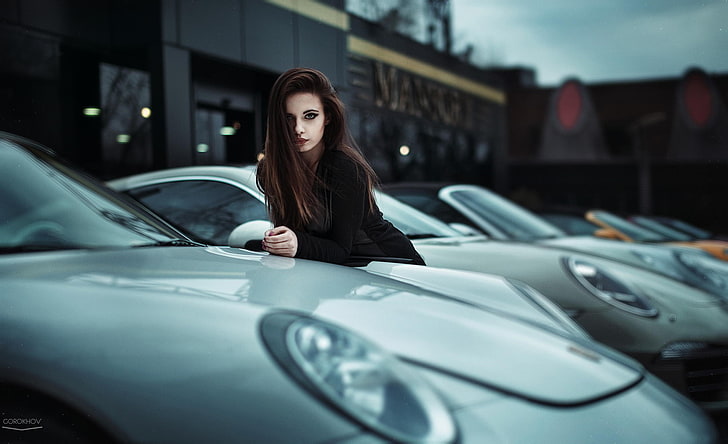 women, hair, dress, brunette, car, black, model, Ivan Gorokhov, 500px, photography, HD wallpaper