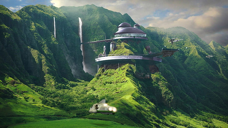 Haus am Berg, Wasserfall, Science Fiction, digitale Kunst, futuristisch, HD-Hintergrundbild