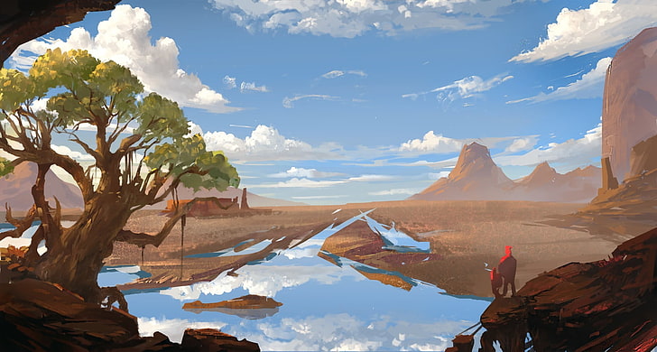 Bote marrón y blanco cerca del cuerpo de pintura de agua, ilustración, lirios, montañas, Fondo de pantalla HD
