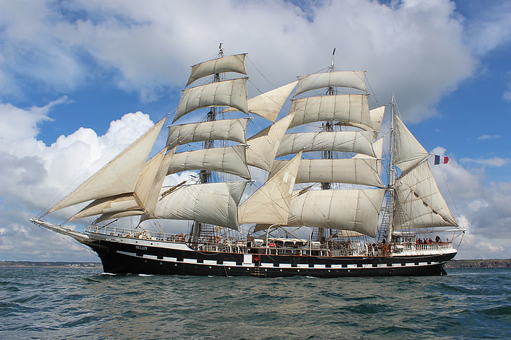 white and black ship, sea, ocean, france, ship, sailboat, three masted, large sailboat, brest, belem, Sail, HD wallpaper