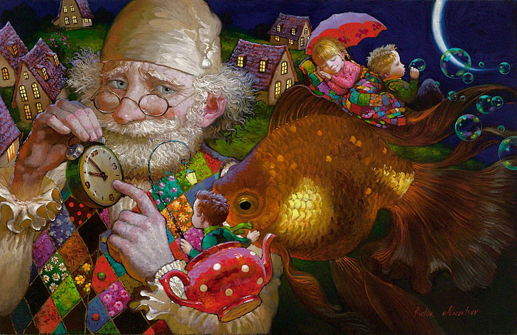 gold fish illustration, childhood, magic, lullaby, Victor Nizovtsev, grandpa's tales, HD wallpaper