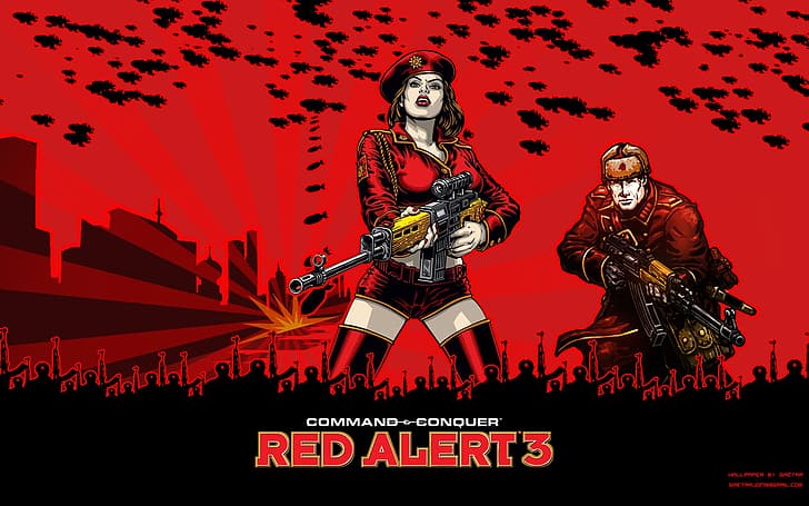 Command and Conquer: Red Alert 3, Red Alert 3, изкуство за видеоигри, герои от видеоигри, червен фон, Съветска армия, HD тапет