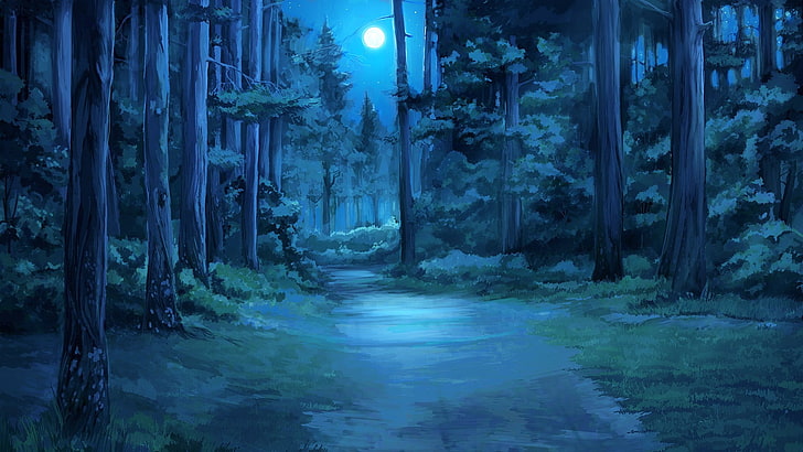 анимирана илюстрация на гори, вечно лято, луна, лунна светлина, изчистване на гората, HD тапет