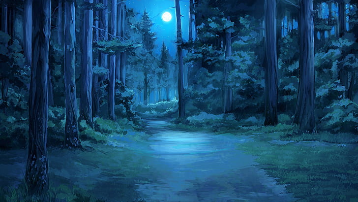 Ilustración animada de bosques, verano eterno, luna, luz de la luna, claro  del bosque, Fondo de pantalla HD | Wallpaperbetter