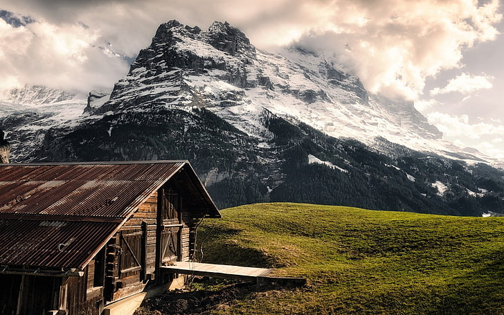 brown wooden house, nature, landscape, mountains, cabin, forest, clouds, grass, Alps, Switzerland, snowy peak, HD wallpaper