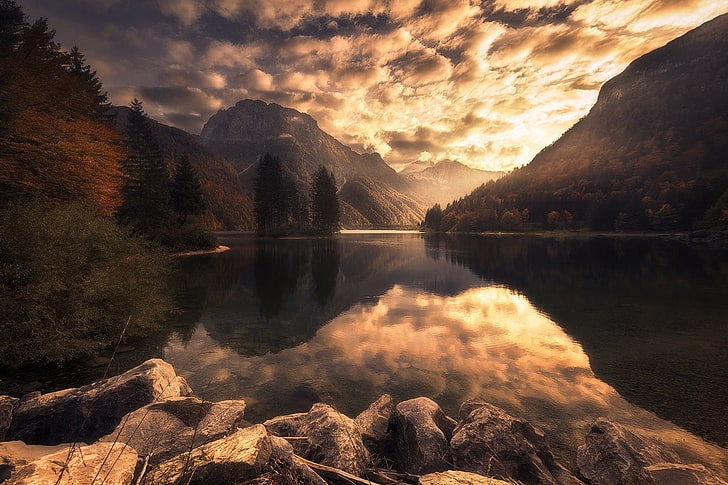 claro cuerpo de agua, naturaleza, fotografía, paisaje, otoño, lago, montañas, puesta de sol, reflexión, bosque, Eslovenia, Fondo de pantalla HD