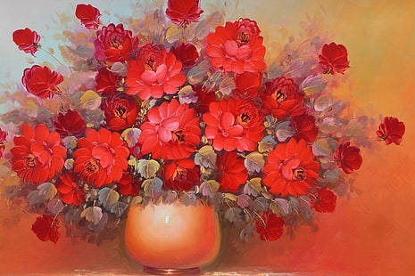 червени цветя живопис, червено, цветя, букет, ваза, HD тапет HD wallpaper