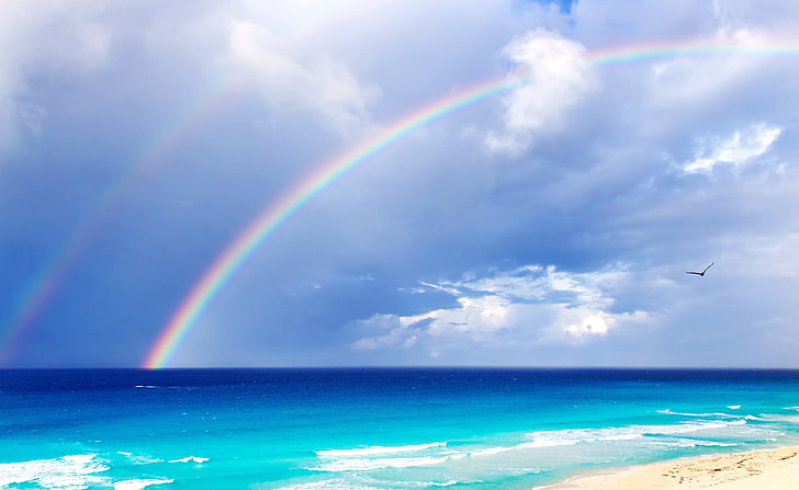 Double Rainbow, เมฆขาว, ธรรมชาติ, ชายหาด, วอลล์เปเปอร์ HD
