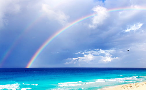 Двойная радуга, белое облако, Природа, Пляж, HD обои HD wallpaper
