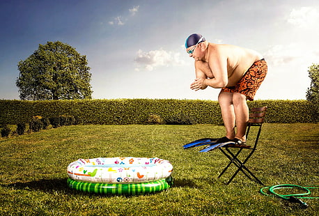 Hombre divertido saltando en la piscina, hombre, piscina, aletas, Fondo de pantalla HD HD wallpaper