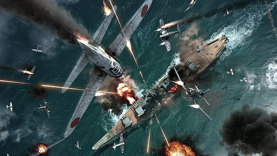 Вторая мировая война, Vought F4U Corsair, линкор, военный самолет, война, HD обои HD wallpaper