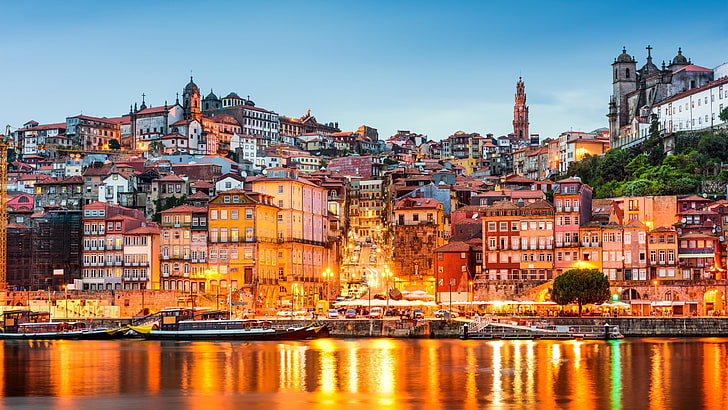 pittoresk, turism, turistattraktion, vila nova de gaia, floden douro, douro, horisont, fantastisk, morgon, vacker, gryning, douro floden, charmig, reflektion, stad, stadsbild, stadsbelysning, flod, europa, portugal, porto, HD tapet