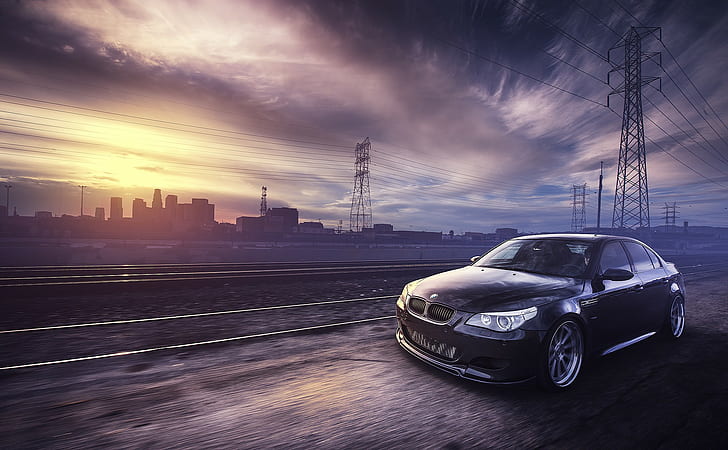BMW M5 E60 자동차, 블랙 BMW M 시리즈, 전력선, 레일, 전면, 블랙, E60, M5, BMW, HD 배경 화면