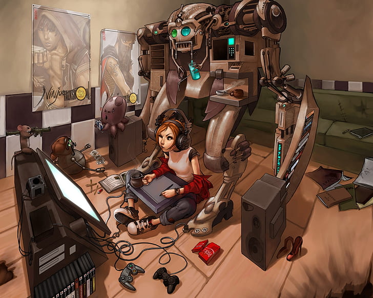 ヘッドフォン女性カードビデオゲームロボットコーヒー人靴本サイバーパンクポッキーグラフィックタブレット人々女の子HDアート、女性、ヘッドフォン、 HDデスクトップの壁紙