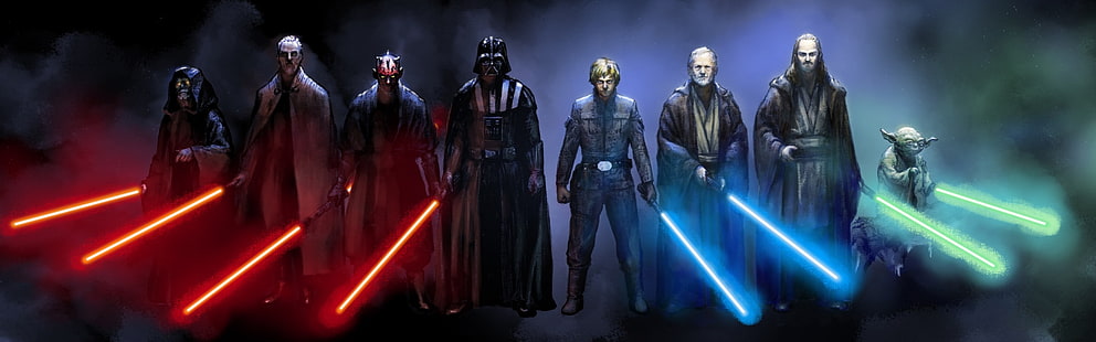 วอลล์เปเปอร์ Star Wars, จอแสดงผลหลายจอ, จอภาพคู่, Star Wars, Jedi, Sith, lightsaber, Emperor Palpatine, Darth Sidious, Count Dooku, Darth Maul, Anakin Skywalker, Darth Vader, Luke Skywalker, Obi-Wan Kenobi, Qui-Gon Jinn, โยดา, วอลล์เปเปอร์ HD HD wallpaper