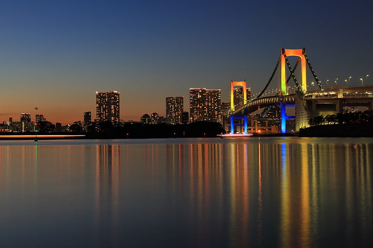 мост, город, отражение, Япония, Токио, панорама, Радужный мост, HD обои