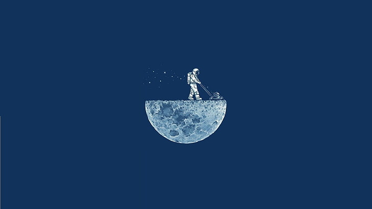 astronaute sur illustration de la lune, espace, minimalisme, fond bleu, astronaute, lune, humour, oeuvre d'art, Fond d'écran HD