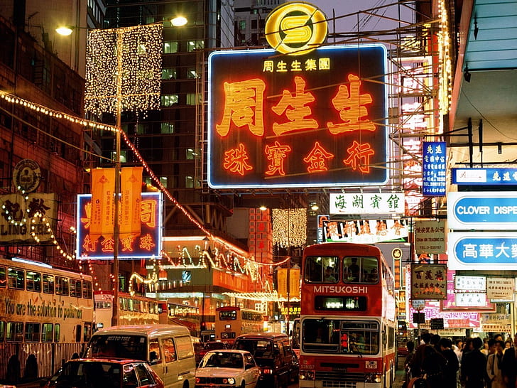 Cina, Hong Kong, luci, neon, strade, Sfondo HD